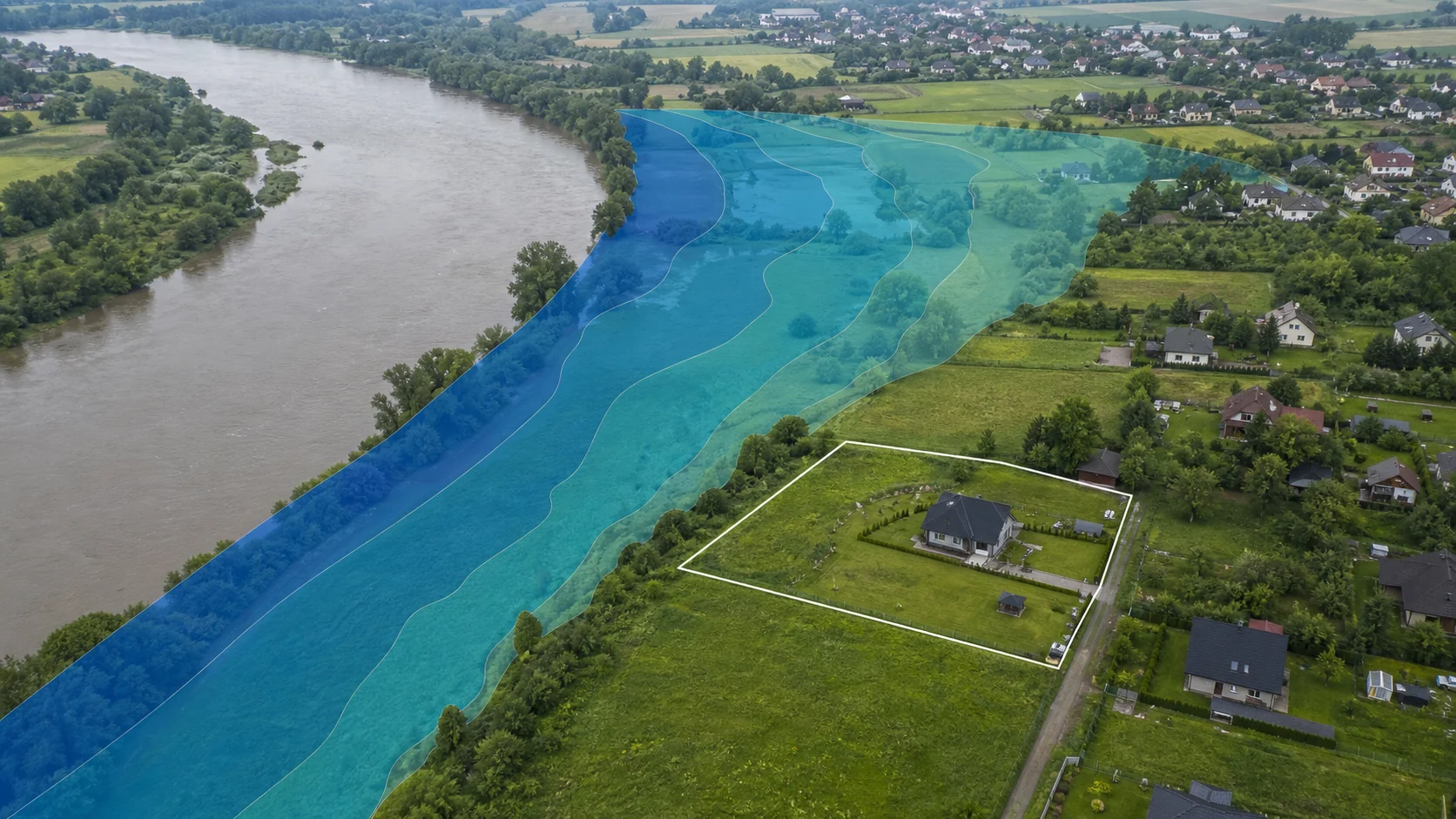 Działka nad rzeką z nałożonymi strefami zagrożenia powodziowego o różnym prawdopodobieństwie