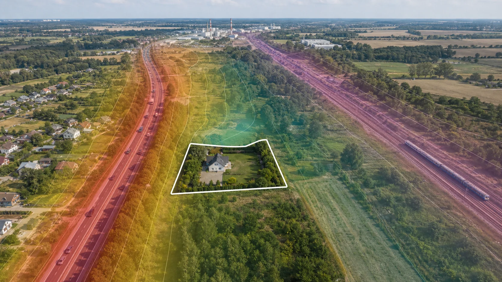 Działka przy drodze i linii kolejowej z kolorowymi pasmami modelowanego poziomu hałasu