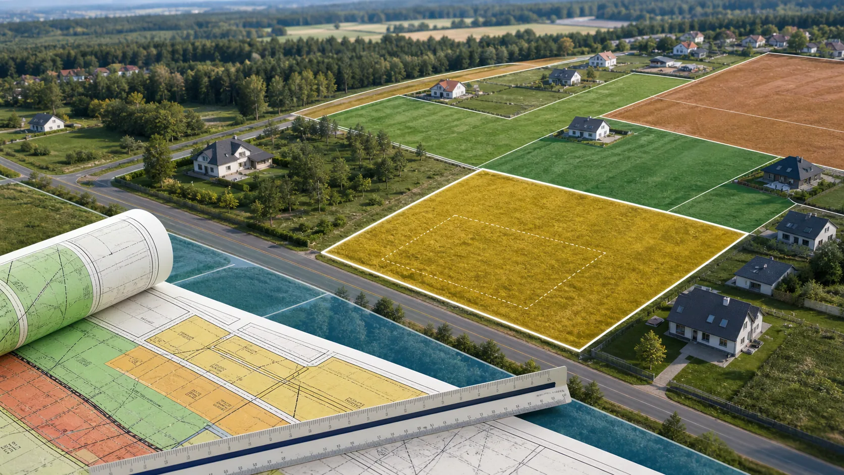 Działki widziane z lotu ptaka z nałożonymi granicami terenów planu miejscowego