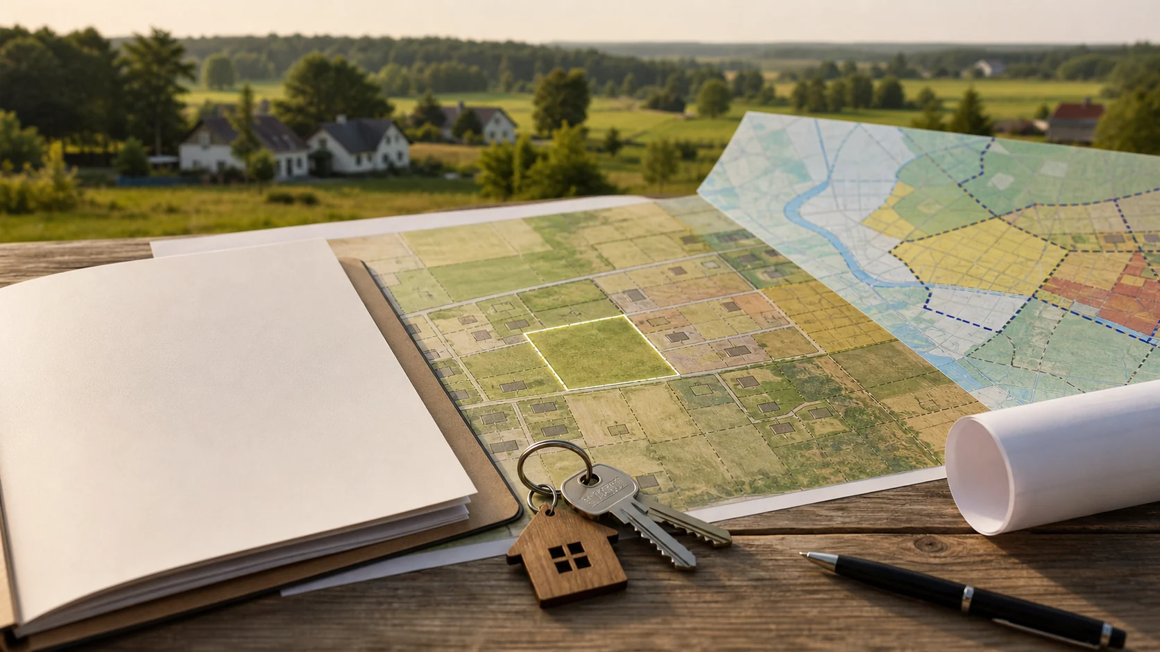 Mapa działki, klucze, dokumenty i lista kontroli podczas prac nad planem ogólnym