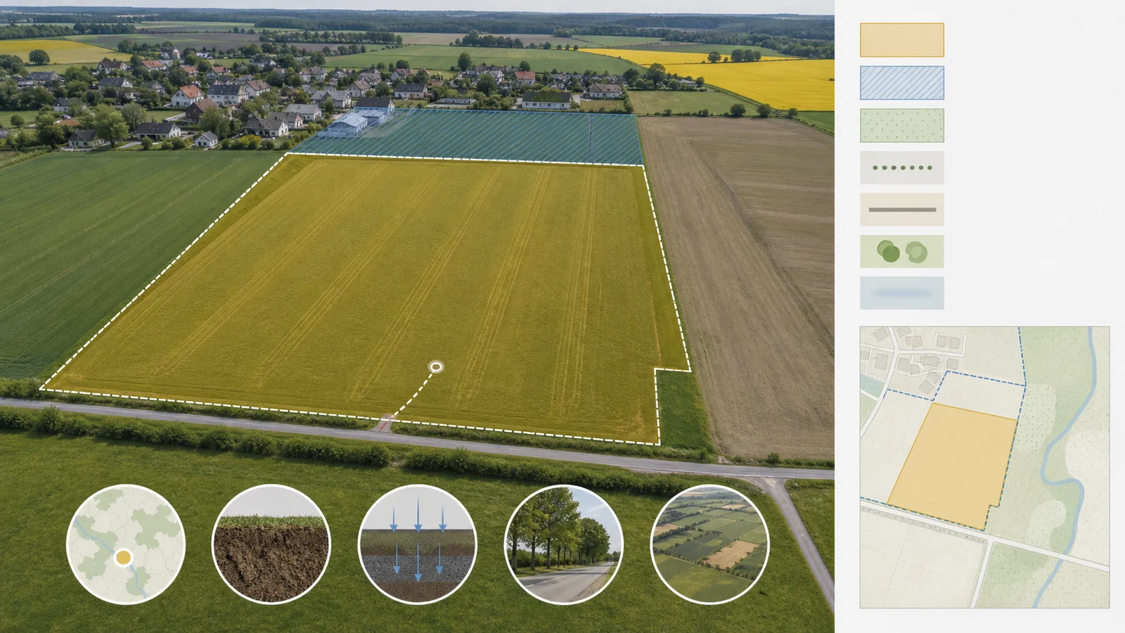 Działka rolna na skraju wsi z granicą parceli i strefami planu ogólnego