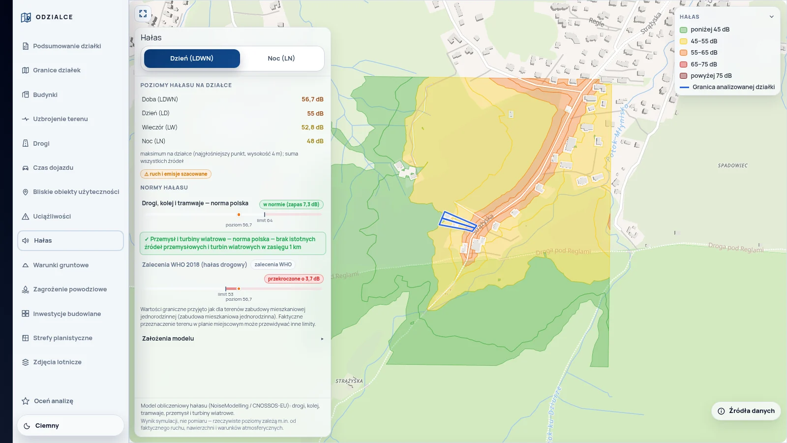 Widok analizy: mapa poziomów hałasu wokół działki