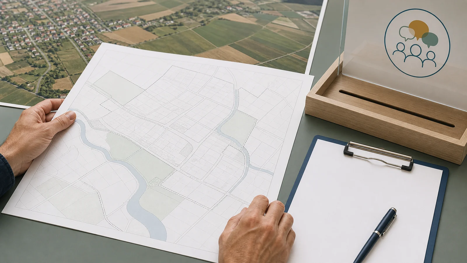 Właściciel działki analizujący mapę projektu i przygotowujący formularz uwagi