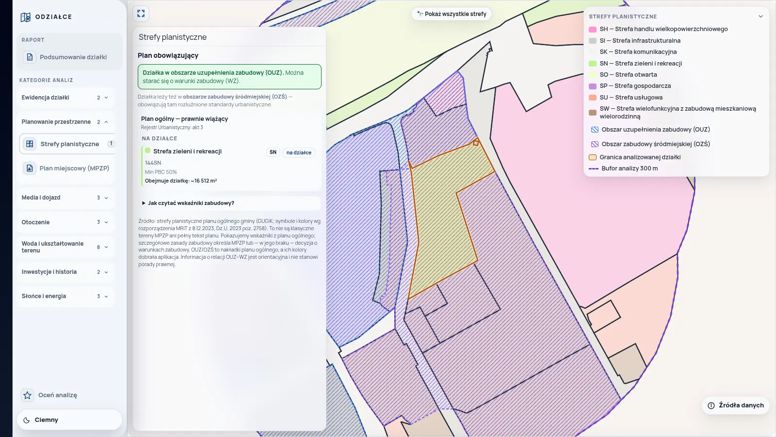 Widok analizy: strefy planistyczne planu ogólnego na działce i w okolicy