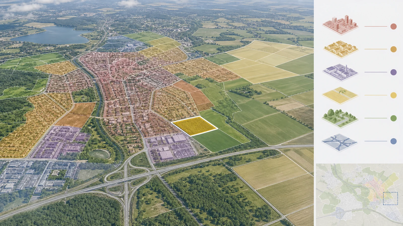 Mozaika stref planistycznych obejmująca miasto, wieś, pola, zieleń i infrastrukturę