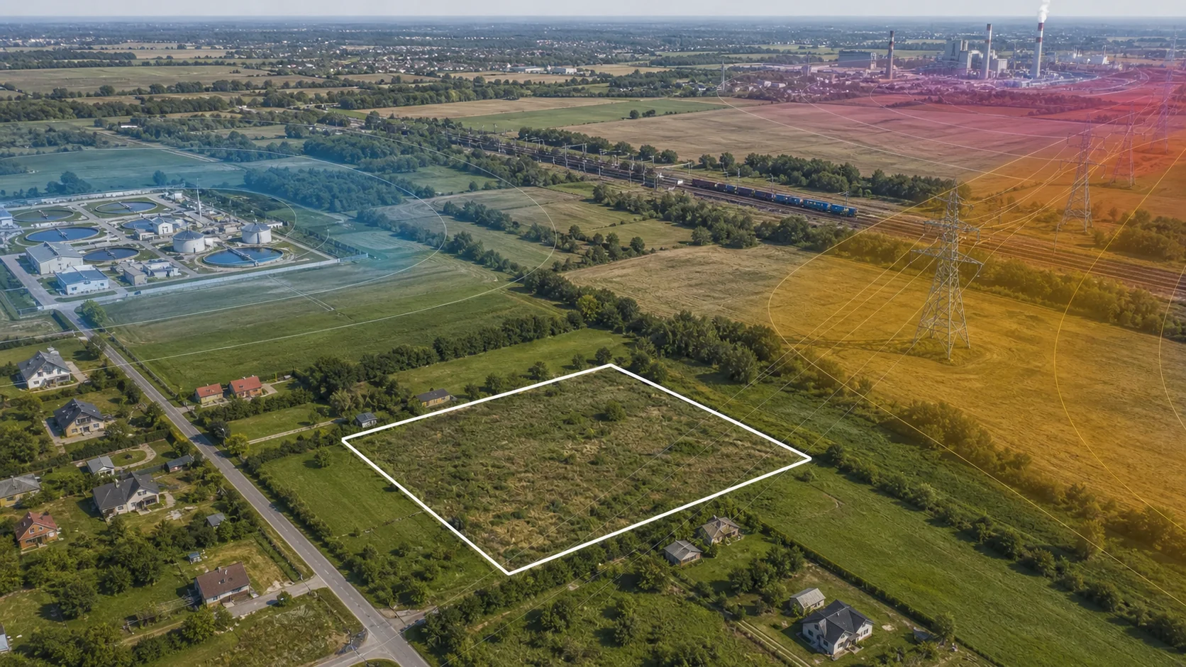 Działka na tle oczyszczalni, kolei, linii wysokiego napięcia i zakładu przemysłowego