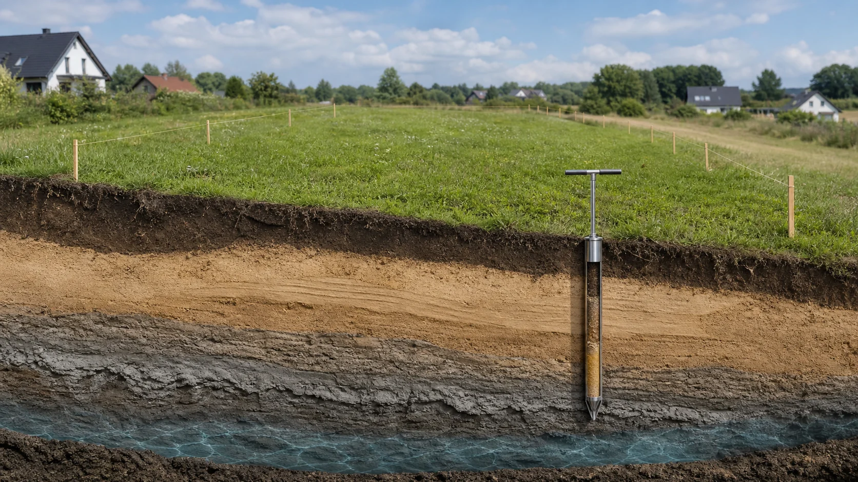 Przekrój gruntu działki z warstwami ziemi, wodą gruntową i odwiertem geotechnicznym