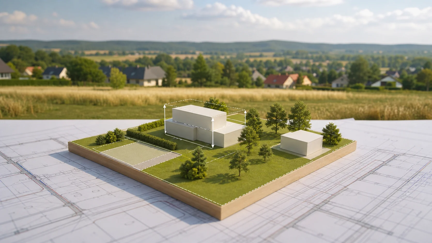 Model domu na działce z pokazaniem wysokości, powierzchni zabudowy i zieleni